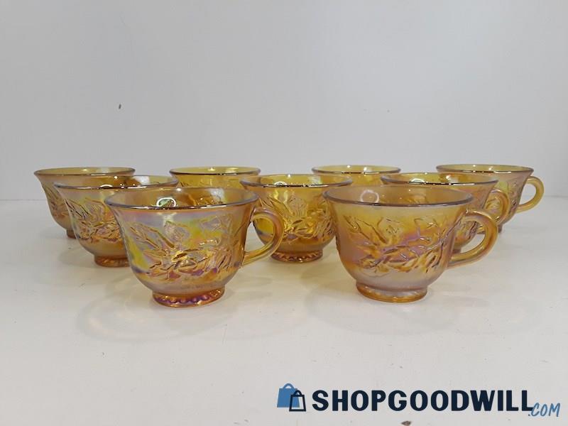 Indiana Glass Harvest Grape Pattern Amber Iridescent Carnival Glass 9pc Cups Set