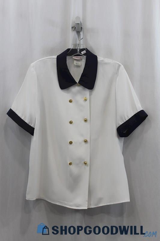 Vintage Lauren Lee Women's White/Navy Button Down Sheer Blouse SZ 12