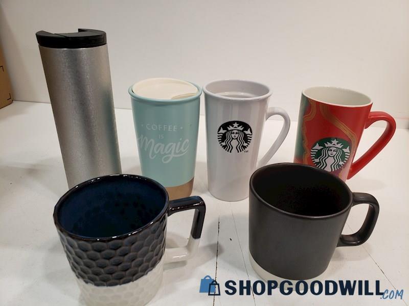 6pc Ceramic Coffee Mugs & Insulated Travel Cup Starbucks, Black, Holiday + 