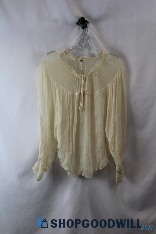 Free People Women's Ivory Sheer Gauze Textured Tie Neck Long Sleeve Blouse sz XS