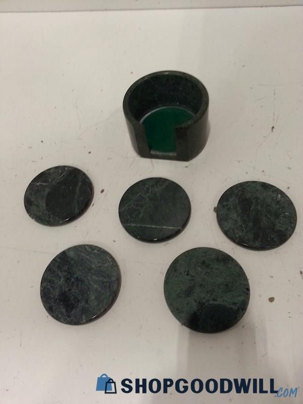 Five Dark Green Marble Coasters w/ Holder Unbranded