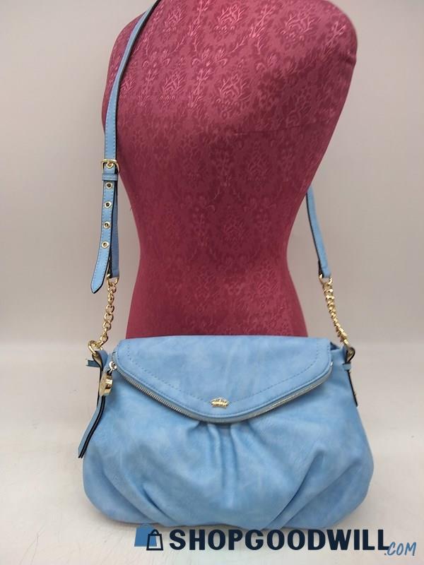 Juicy Couture Sky Blue Embossed Faux Leather Fold Over Crossbody Handbag Purse 