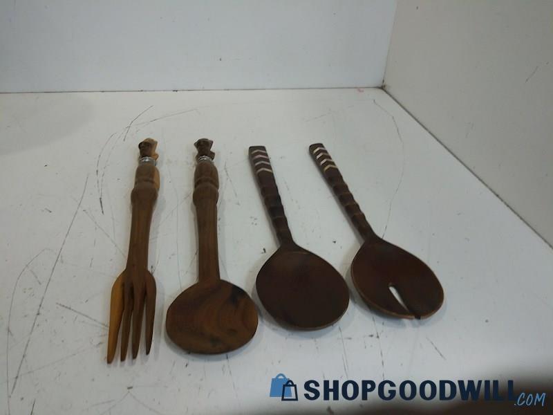 4PC Wood Spoon Fork Wall Hangings/Serving Hand Carved African Art Brown Stain 