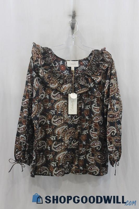 NWT Cleobella Womens Brown/Black Paisley Pattern Button Down Blouse Sz S