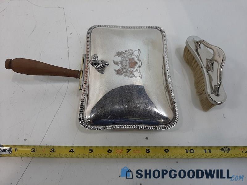 Vintage Silver Plate Silent Butler Crumb Catcher With Broom Sweeper