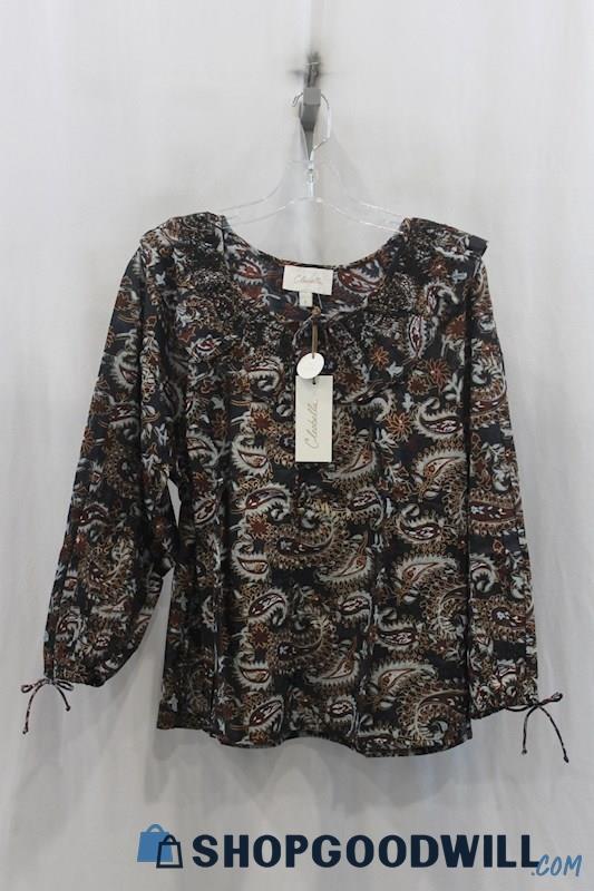 NWT Cleobella Womens Brown/Black Paisley Pattern Button Down Blouse Sz S