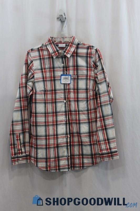 NWT Columbia Women's White/Red Plaid Button Up Shirt SZ M