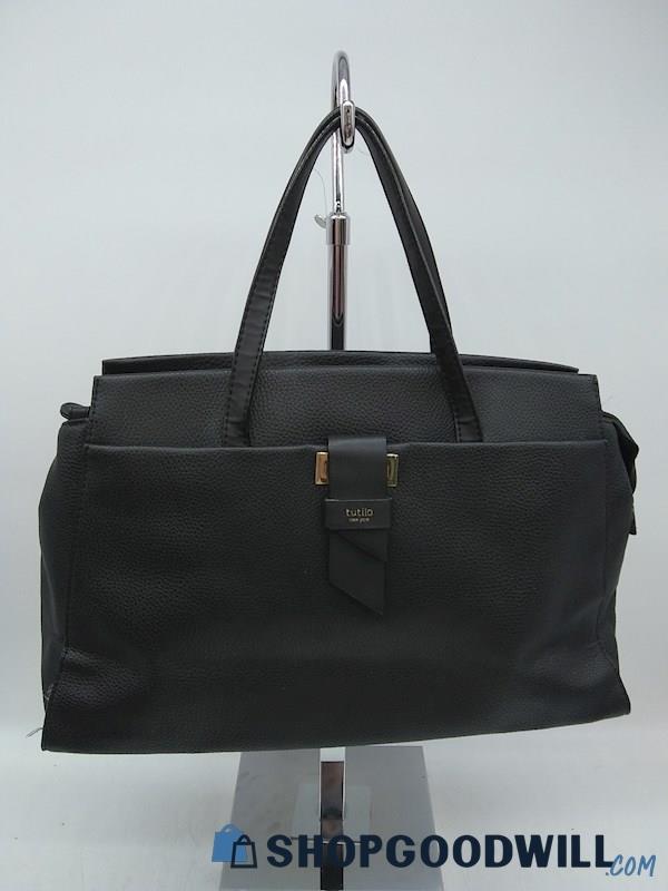 Tutilo Black Pebbled Faux Leather Satchel Laptop Handbag Purse 