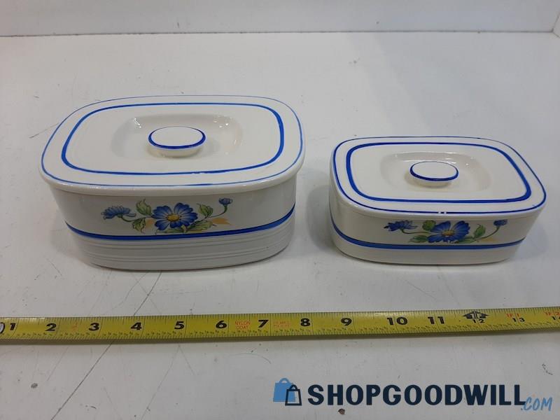 2 Unlabeled Stackable Ceramic Refrigerator Dishes Made in Japan