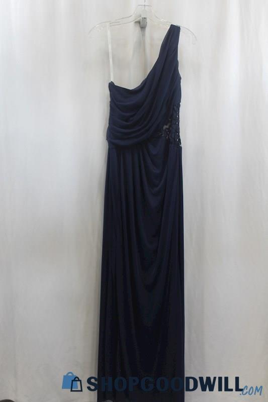 NWT Davids Bridal Womens Navy Pin-Tucked Drape One Shoulder Dress Sz 12