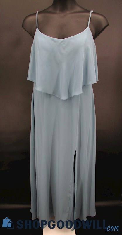 Kennedy Blue Women's Dusty Blue V Neck Thigh Slit Column Formal Gown SZ 14
