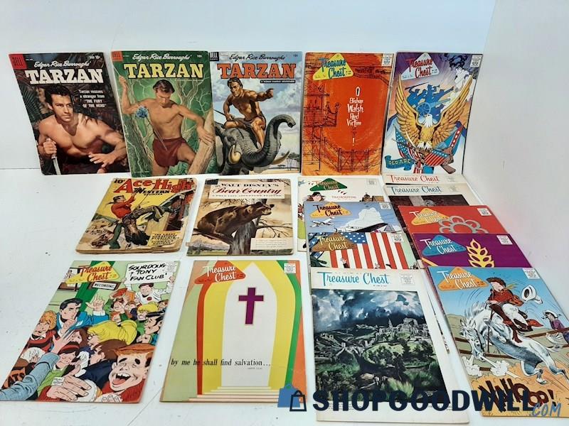 3 VTG Dell Tarzan Comics Treasure Chest Bear Country & Ace-High Western Stories