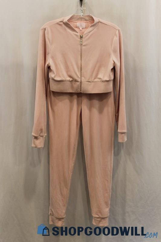 Meshki Women's Pink Crop Full Zip Sweater/Jogger Pant 2PC Set SZ M