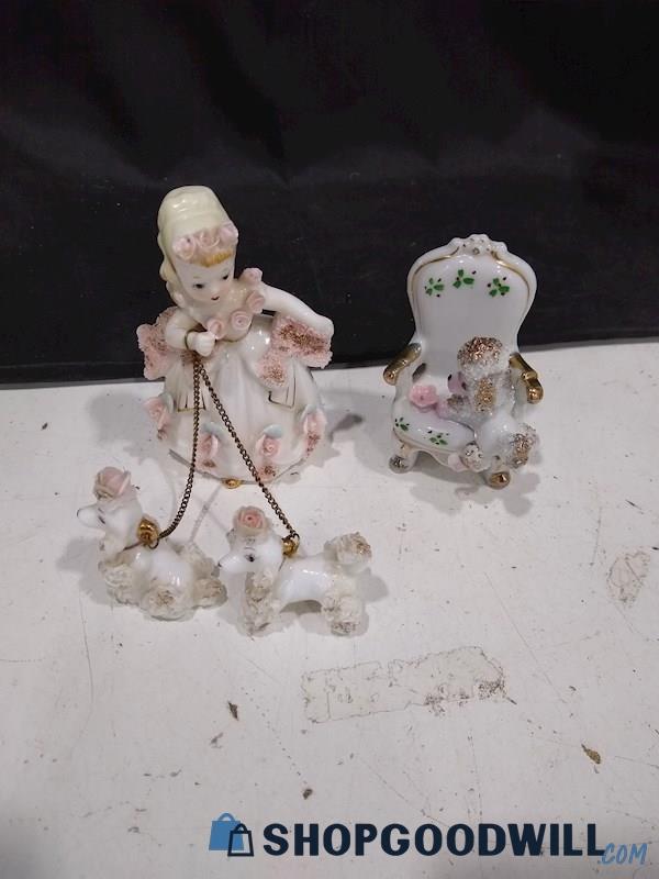 Vintage Girl & Chained Poodle Dogs Figurine + More 