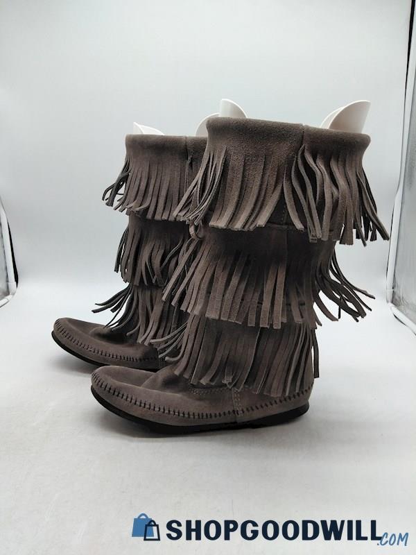 Minnetonka 3 Layer Fringe Women's Gray Suede Pull On Boots Size 8