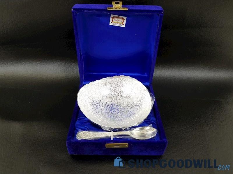 Rajgharana Handicrafts Silver Plated Bowl & Spoon In Blue Case, Vintage