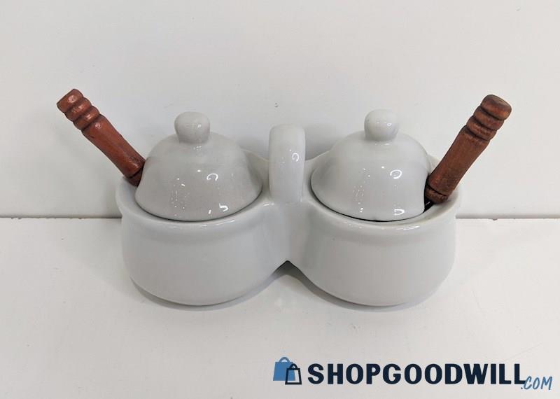 Appears to Be Ceramic Double Condiment Jar Servers W/ Spoons Set