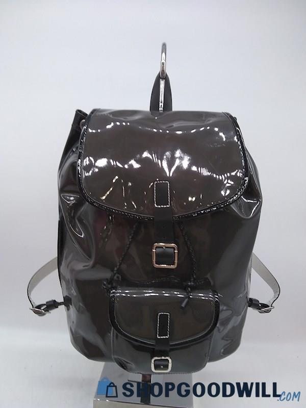 Harper Dark Grey/ Black Patent Leather Drawstring Backpack Handbag Purse 