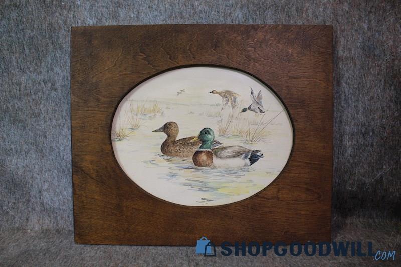 Mallard Ducks & the Wetlands Framed Original Watercolor Painting Signed D Gaunon