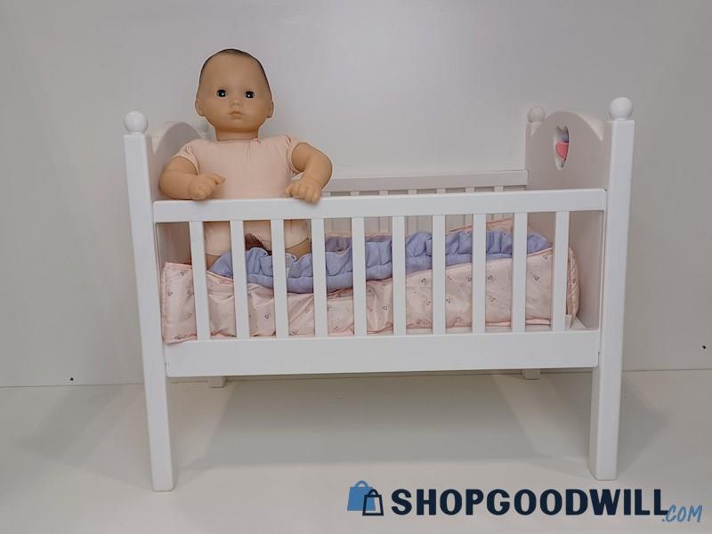 Bitty Baby American Girl Doll With White Plastic Crib & Pink Hearts Bedding Lot