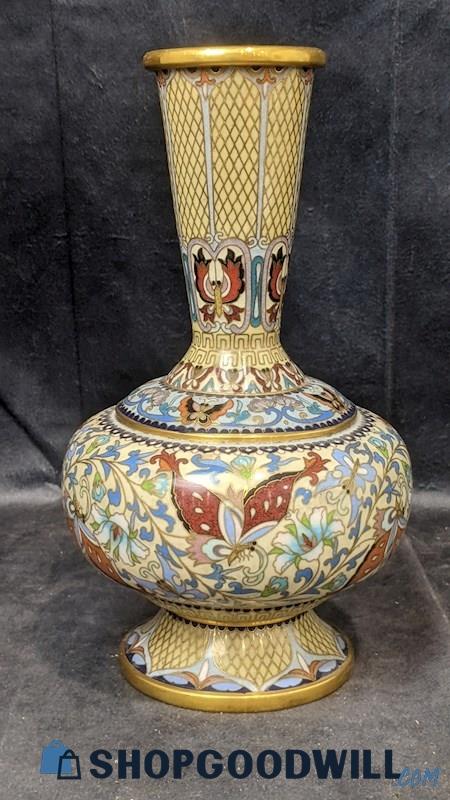 Vintage 1950s Brass Metal Chinese Multicolor Cloisonné Enameled Tapered Vase