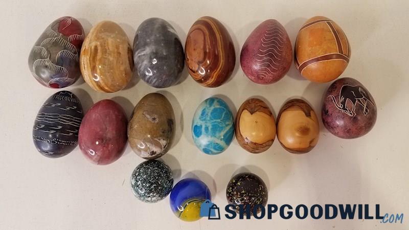 16pc Stone/Petrified Wood Eggs/Marbles Etched Polished Approx 1.5-3