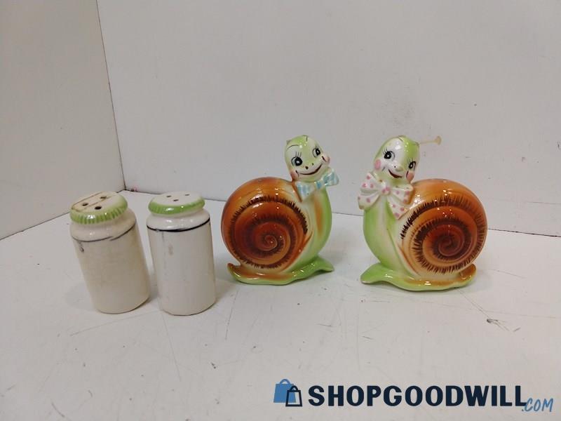 4pc Enesco Salt & Pepper Shaker Snail Ceramic Green Brown Kitchenware MIX BRAND