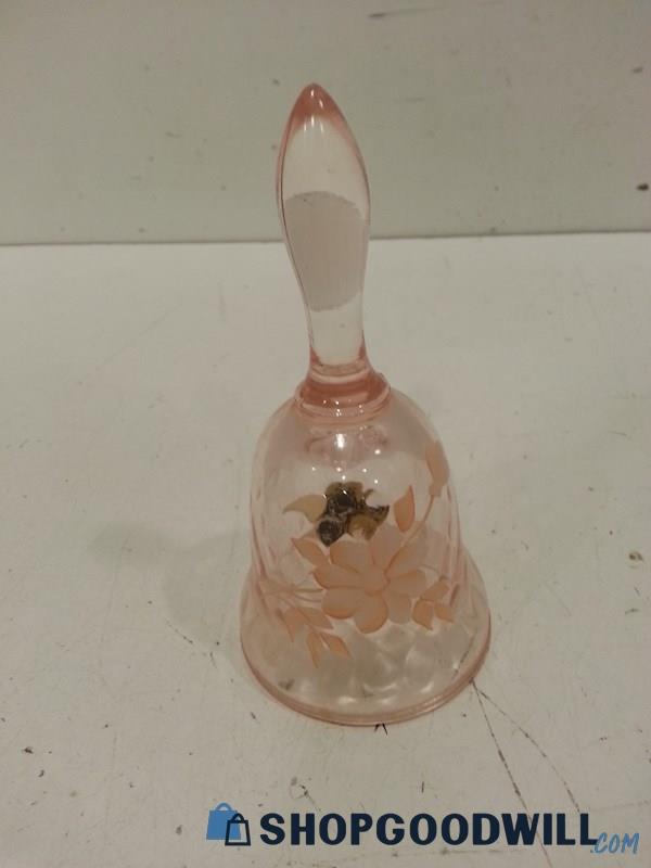 Vtg Fenton Pink Glass Bell Floral Painted No Clapper
