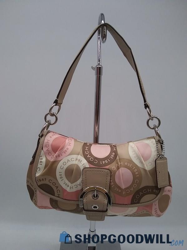 Coach Brown/ White/ Pink Signature Polyester Fold Over Hobo Handbag Purse 