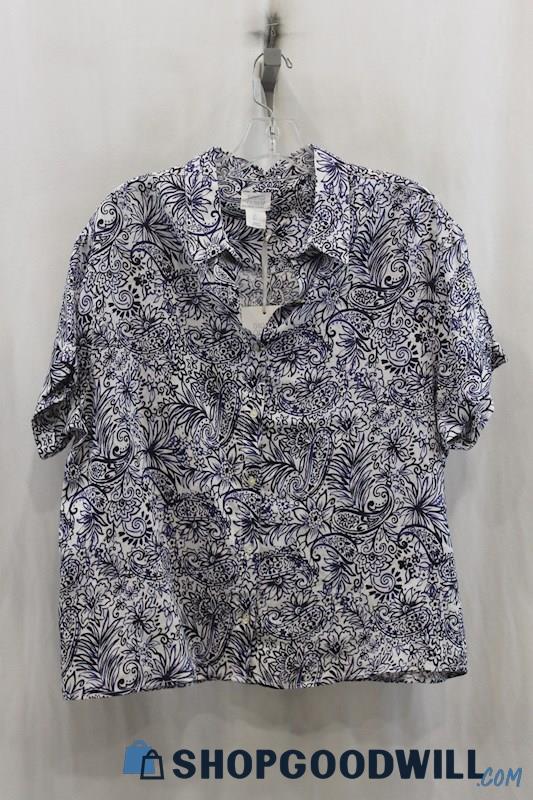 NWT Sigrid Olsen Women's White/Blue Floral Print Button Up Shirt SZ L