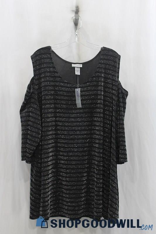 NWT Catherines Womens Black/Silver Stripe Shimmer Cold Shoulder Blouse Sz 3X