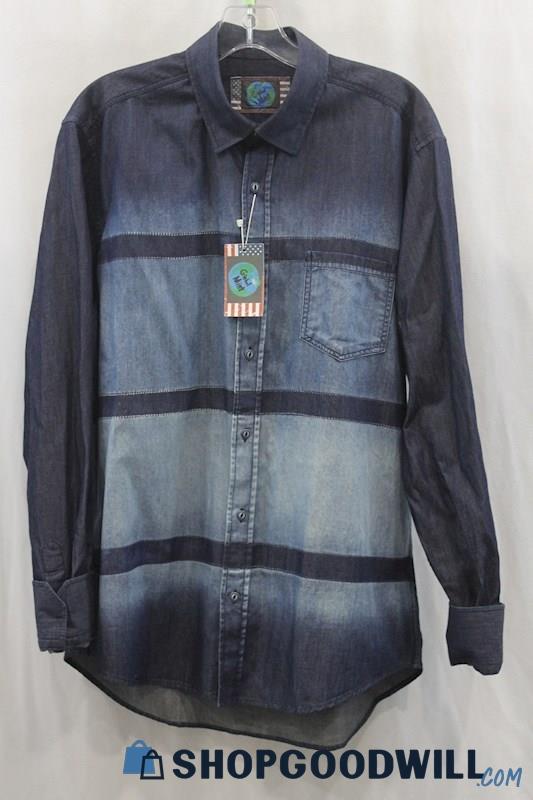 NWT Global Knit Men's Blue Wash Button Up Shirt SZ L
