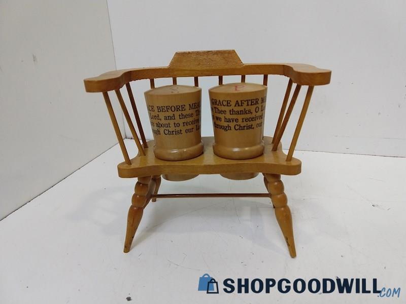 3pc Standand Specialty Co Salt & Pepper Shakers w/ Chair Holder Prayer Wooden