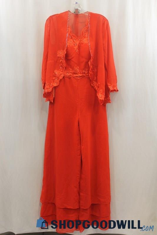 NWT Make You More Pretty Womes Red Rhinestone Chiffon Wide Leg Jumpsuit Sz 8