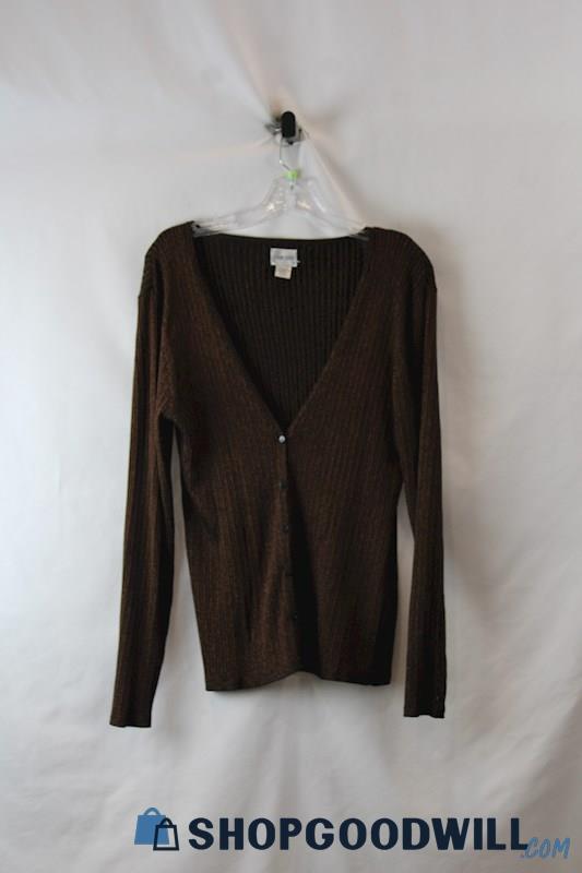 Chico's Women's Black/Copper Shimmer Long Sleeve 1/2 Button Sweater SZ L/12