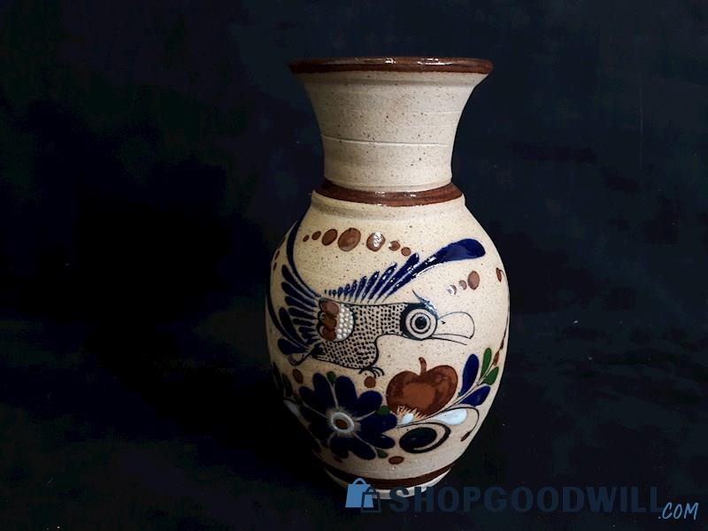 Tonala Pottery Mora Mexican Folk Art Sandstone Bird Floral Decorative Vase