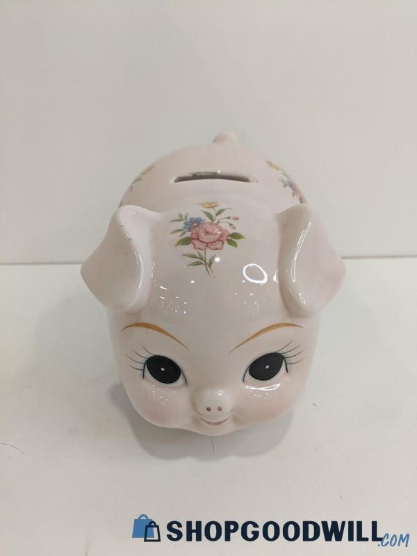Vintage Lefton Ceramic Pale Pink Floral Pig Piggy Coin Bank Figurine