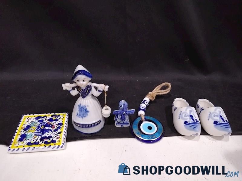 Blue Dutch Girl Carrying Water Buckets Figurine Figure Hand painted Bell+ More