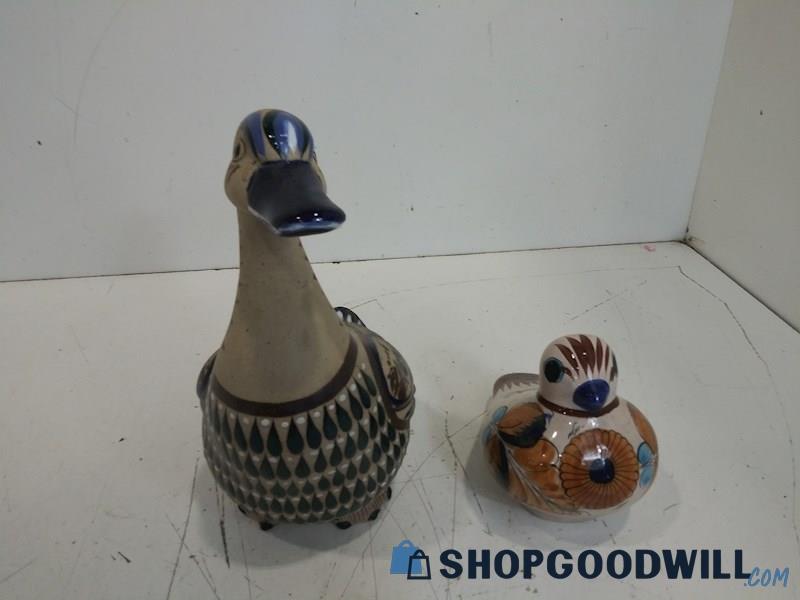 2PC Duck and Quail Figurines Folk Art Pottery Hand Painted Ceramic Glazed Decor