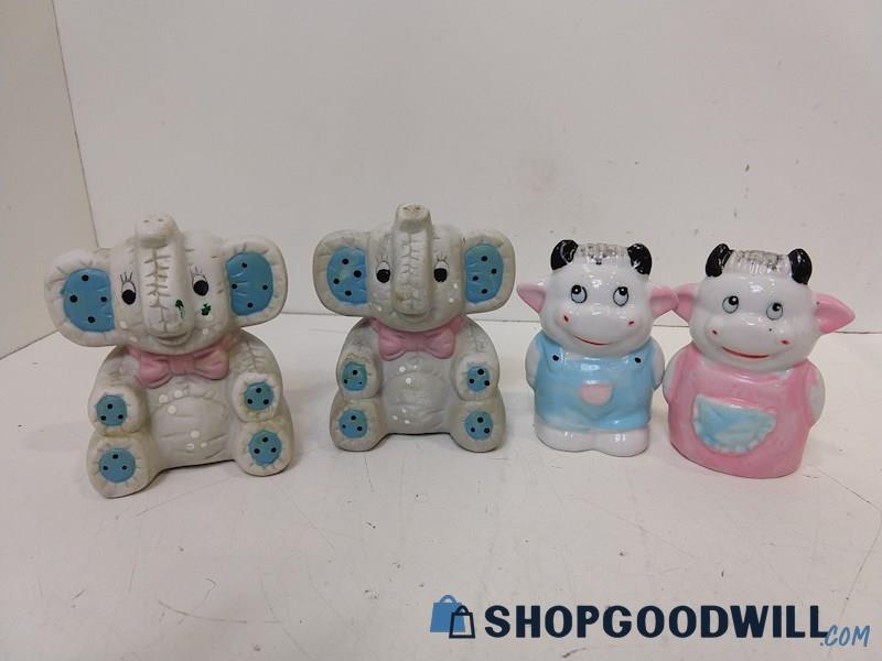 4pc Elephant/Cow Salt & Pepper Shakers Pink/Blue Ceramic Farm/Nursery UNBRANDED