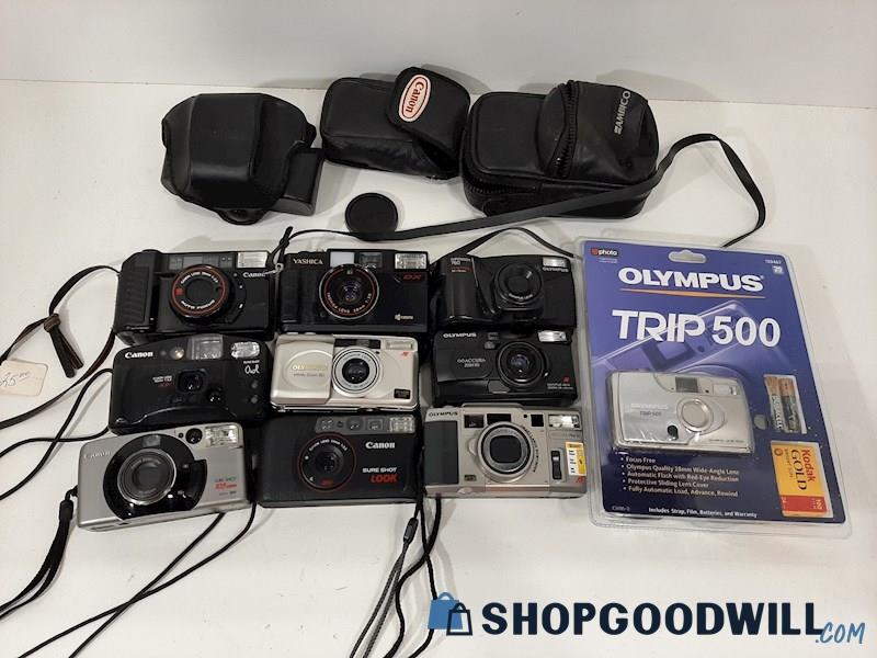 10 Canon Sure Shot Olympus Yashica 35mm Point & Shoot Film Cameras