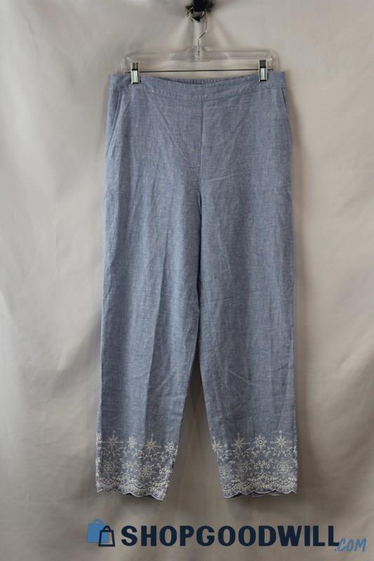 Chico's Women's Blue/White Embroidered Linen Ankle Pants sz M