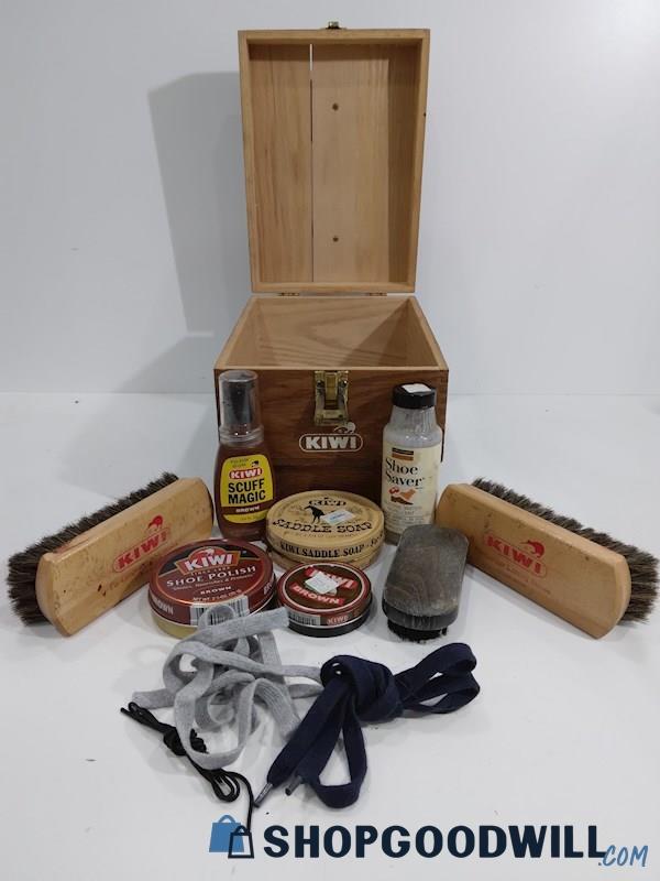 Vintage Wooden Kiwi Shoe Shine Valet Cleaning Kit Set W/ Brushes Soap Conditions