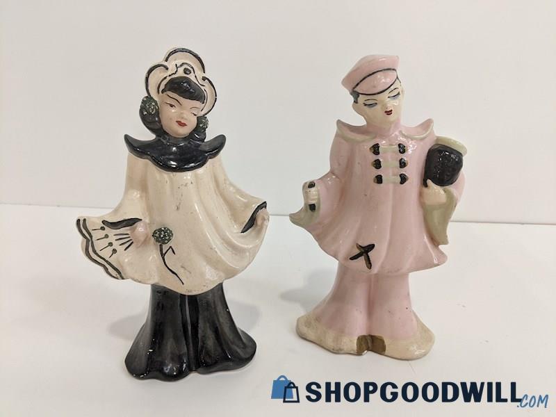 Vintage Florence Ceramics Chalkware Asian Couple Man & Woman Figurines