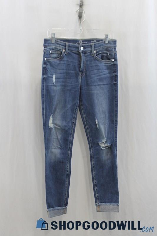 7 For All Mankind Womens Blue Distressed Ankle Jeans Sz 29