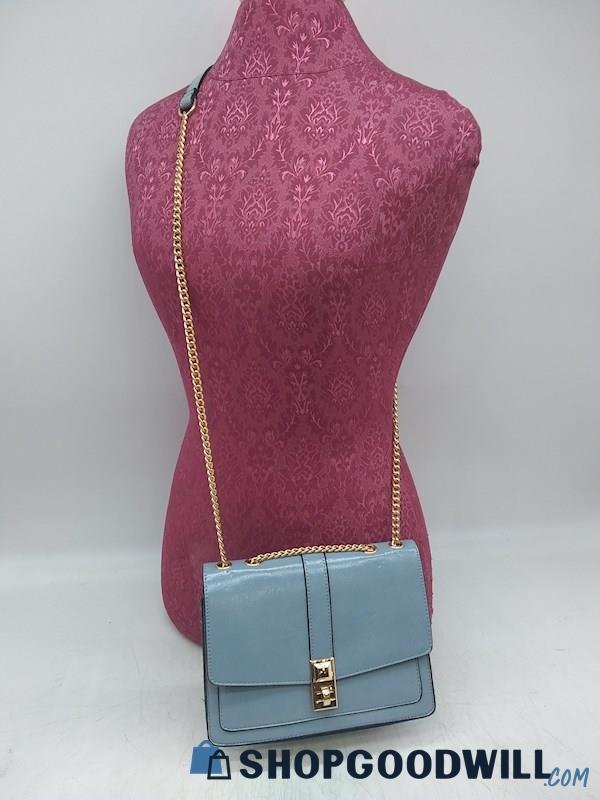 Aldo Medium Blue Patent Leather Fold Over Crossbody Handbag Purse 