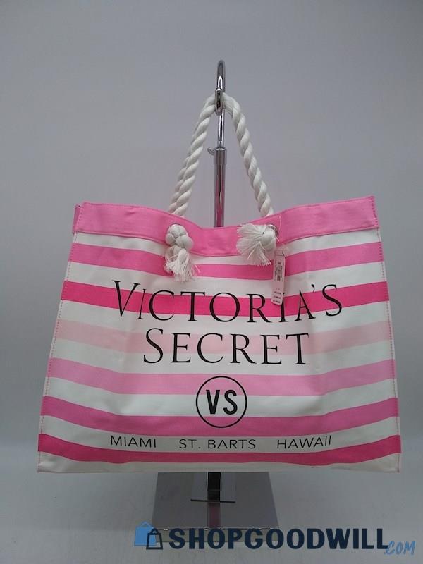Victoria's Secret Pink/ White Stripe Canvas Beach Tote Handbag Purse 