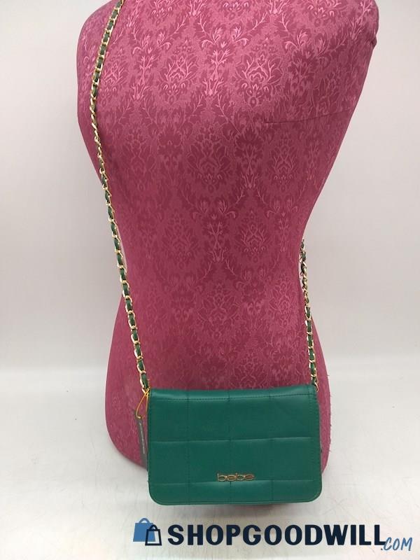 Bebe Dark Jade Green Quilted Faux Leather Fold Over Crossbody Handbag Purse 