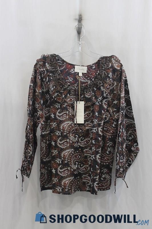 NWT Cleobella Womens Brown/Black Paisley Pattern Button Down Blouse Sz S