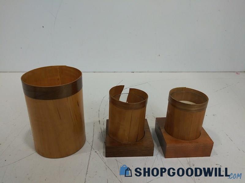 3PC Candle Holder with Candles Hand Made  Decor Barrel Like Wood Round Cylinder 